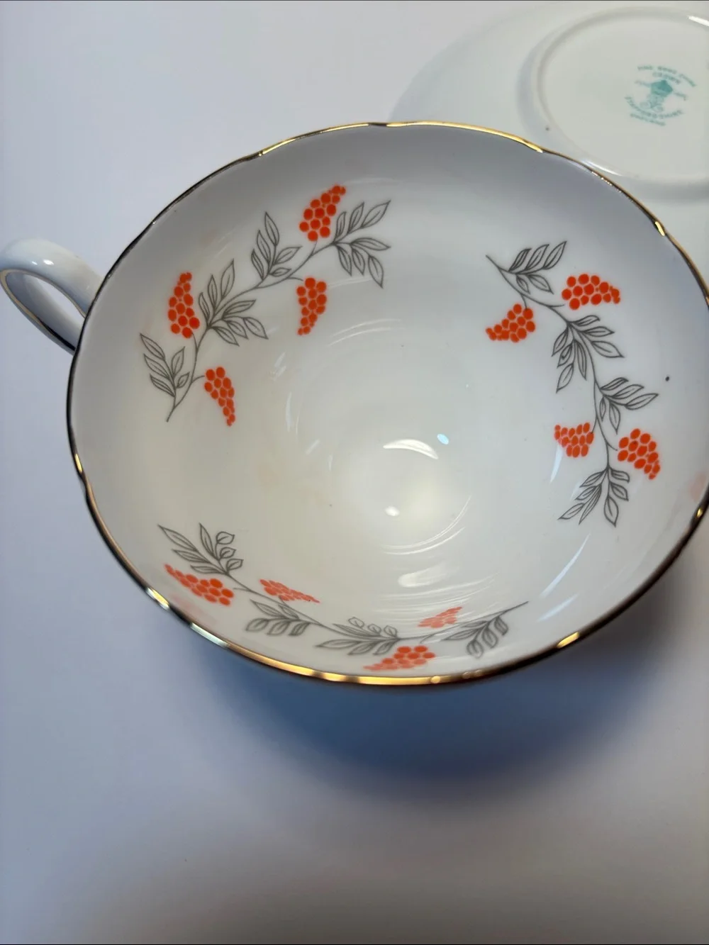 Vintage Crown Staffordshire England white Orange Berries Teacup Saucer 1930’s